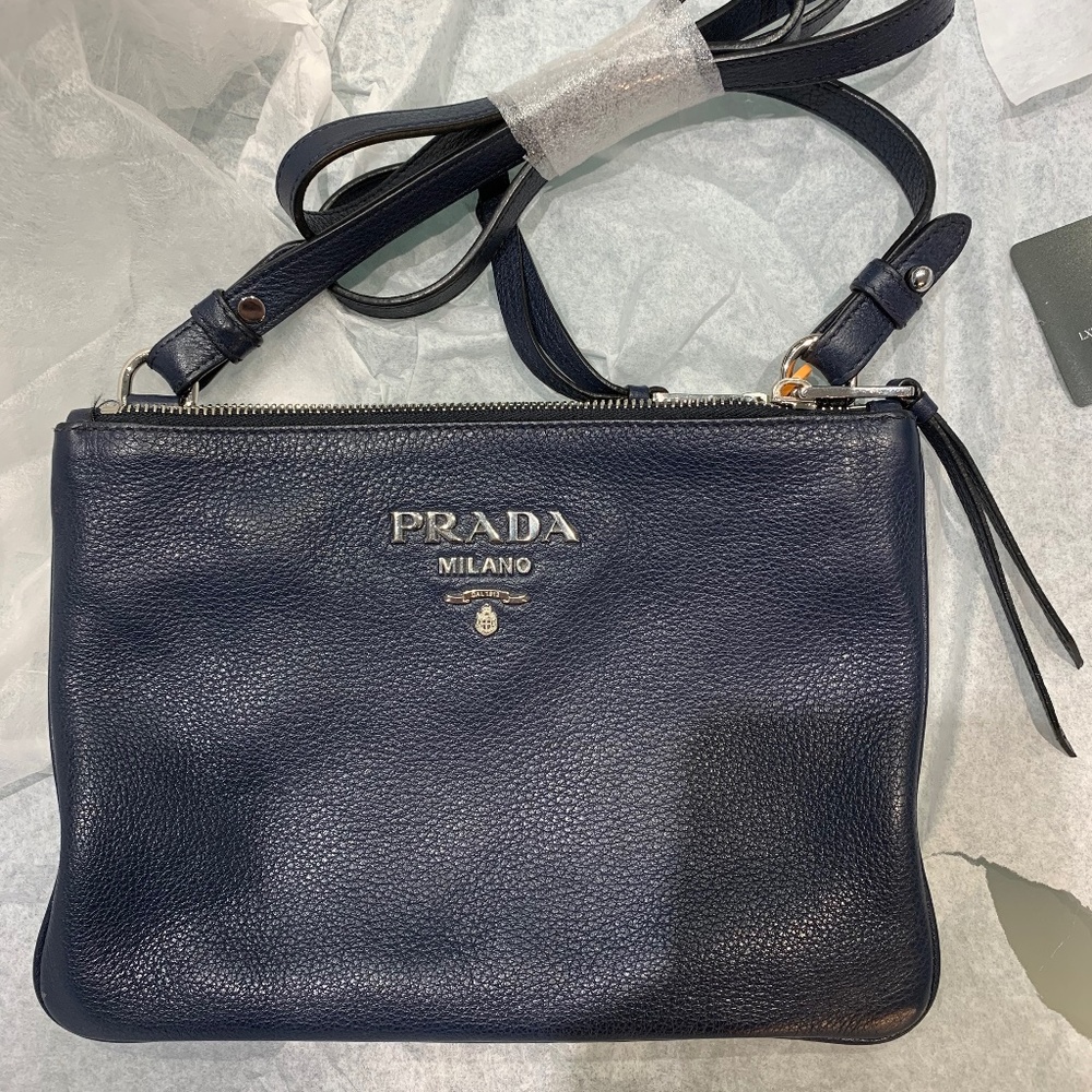 Prada Vitello Phenix Leather Silver Hardware Blue Crossbody 1BH046